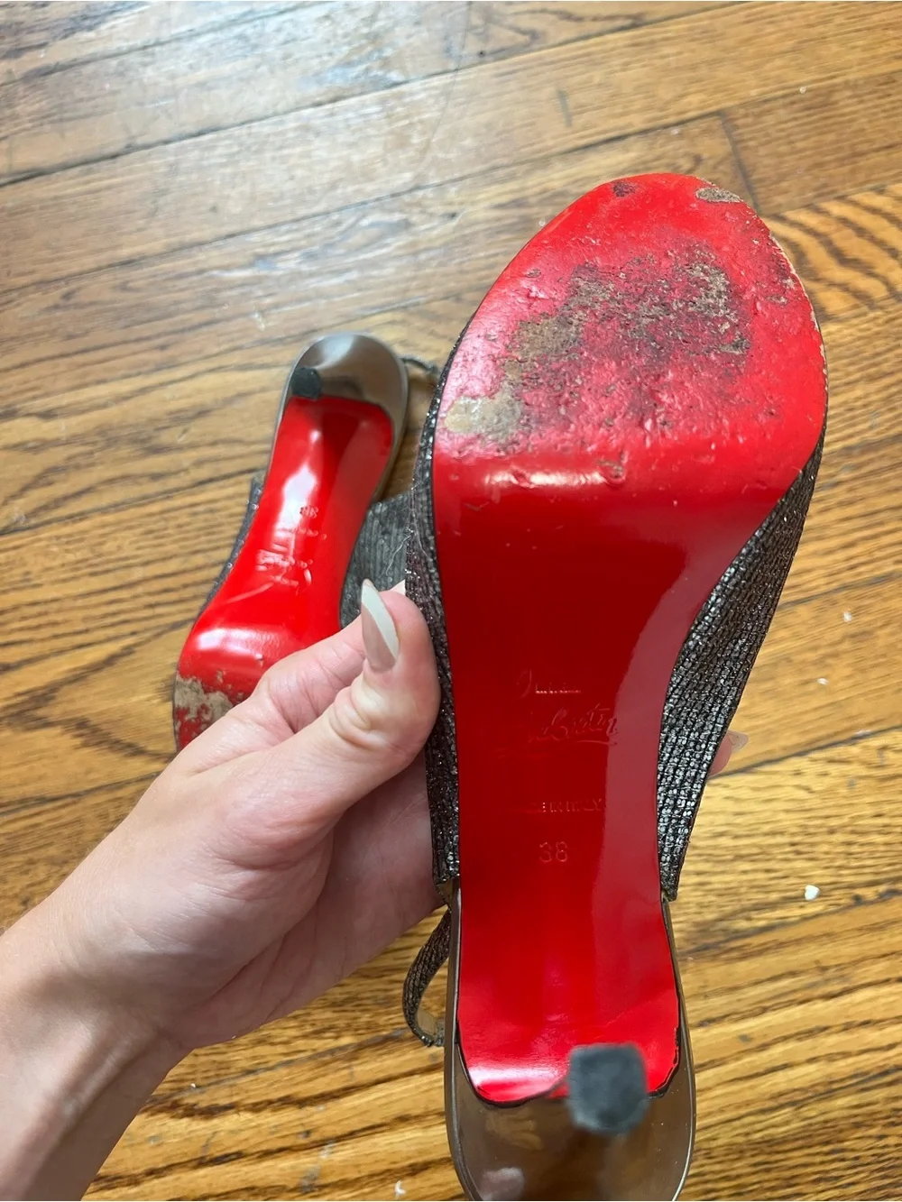 Christian Louboutin Metallic Silver Slingback Peep-Toe Heels with Red Soles
